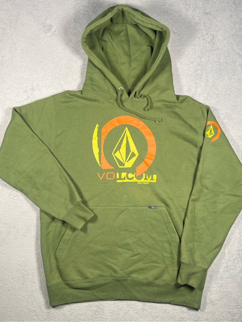 Volcom Olive Green Crewneck Hoodie with Orange & Yellow Logo